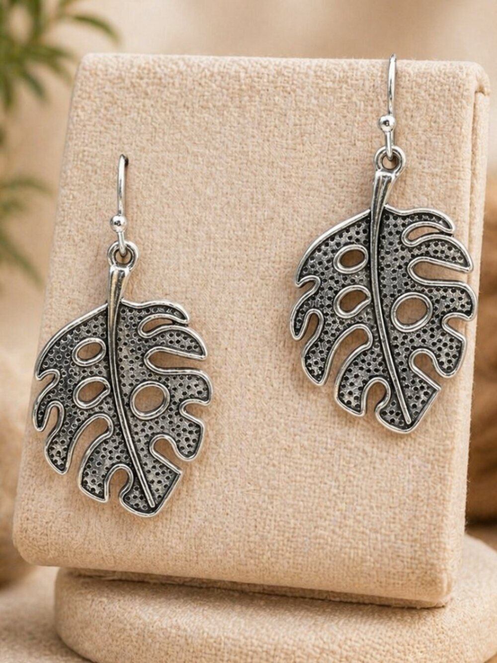 Antique Silver Monstera Leaf Drop Earrings - Picture 1 of 4